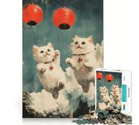 Rompecabezas de 1000 Piezas Gatos Volando con linternas Diseño de Bordes Finos Actividad Mental Estimulante Juego Relajante Regalo Divertido de Navidad (50x75cm)