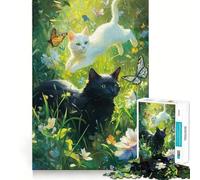Rompecabezas de 1000 Piezas Gatos y Mariposas en un Prado Bordes impecables Divertido Rompecabezas Regalo Ideal para Relajarse Juego de cumpleaños Regalo artístico (50x75cm)