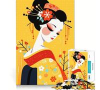 Rompecabezas de 1000 Piezas Geisha Japonesa con Kimono Amarillo,Arte Minimalista,Ajuste ceñido,Juego,Entrenamiento de concentración,diversión,Tiempo de Juego Relajante, Ocio 38x26cm