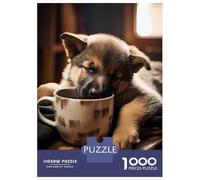 Rompecabezas De 1000 Piezas German Shepherd Coffee Pup Rompecabezas para Adultos Juego De Ingenio Difícil Difícil Único Cumpleaños Y Regalos 38x26cm/1000pcs