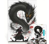 Rompecabezas de 1000 Piezas Guerrero enfrentándose a un dragón Negro Juego de ingenio desafío difícil Toda la Familia 50x75cm