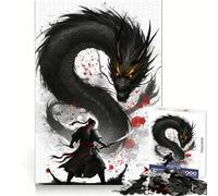 Rompecabezas de 1000 Piezas Guerrero Frente a un dragón Negro para Adolescentes Desarrolla la lógica, la Mente y es Divertido y fácil de armar Un Regalo Ideal (50x75cm)