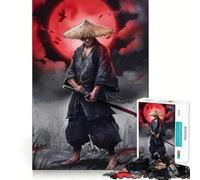 Rompecabezas de 1000 Piezas Guerrero samurái con Katana y Luna roja para Adolescentes Juguete de lógica Resistente Juego de Escape Tranquilo Borde Transparente Regalo de cumpleaños (38x52cm)