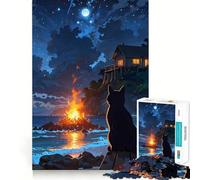 Rompecabezas de 1000 Piezas Hoguera Nocturna en la Playa con Gato Negro para Adultos Juego Inteligente, Divertido y Relajante Diseño para armar Regalo Elegante (50x75cm)