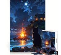 Rompecabezas de 1000 Piezas Hoguera Nocturna en la Playa con Gato Negro para Adultos Juego Inteligente, Divertido y Relajante Diseño para armar Regalo Elegante (50x75cm)