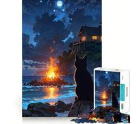 Rompecabezas de 1000 Piezas Hoguera Nocturna en la Playa con Gato Negro para Adultos Juguete para ejercitar la Mente Diversión Garantizada Corte Perfecto Regalo Ideal para Las Fiestas (50x75cm)