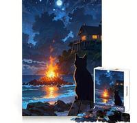 Rompecabezas de 1000 Piezas Hoguera Nocturna en la Playa con Gato Negro para Adultos Juguete para ejercitar la Mente Obra de Arte Relajante y Divertida (38x26cm)
