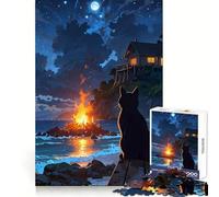 Rompecabezas de 1000 Piezas Hoguera Nocturna en la Playa con Gato Negro para Adultos Juguete para ejercitar la Mente Diversión Garantizada Corte Perfecto Regalo Ideal para Las Fiestas (50x75cm)
