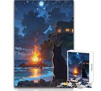Rompecabezas de 1000 Piezas: Hoguera Nocturna en la Playa con Gato Negro, pasatiempo Tranquilo y satisfactorio, Juguete de Corte de precisión Entrelazado, tamaño 38x26cm