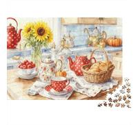 Rompecabezas de 1000 Piezas Hora del té en la Cocina acogedora con diseño de Girasoles. Juego Educativo para Adultos. Decoración del hogar. Difícil. Regalo de cumpleaños. 52 x 38 cm / 1000 Piezas.