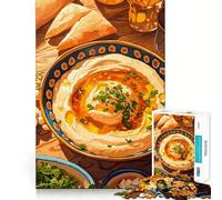 Rompecabezas de 1000 Piezas Hummus y Pan de Pita Naturaleza Muerta Ajuste Arte Juego de Habilidad de Pensamiento Tiempo de Descanso Juego Regalo de Arte navideño (38x52cm)