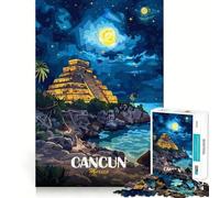 Rompecabezas de 1000 Piezas,ilustración de Paisaje Nocturno de Cancún,México,Bordes definidos,Juego cognitivo,Juguete Divertido y fácil de Usar, Ocio (38x52cm)