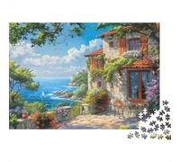 Rompecabezas de 1000 Piezas Jardín de Villa Costera con Vista a una Villa mediterránea Costera. Juego Educativo para Adultos. Decoración del hogar. Difícil y desafiante.38x26 cm.