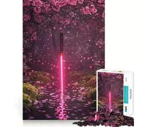 Rompecabezas de 1000 Piezas Katana neón en jardín de cerezos para Adolescentes Juguete Inteligente y Divertido Arte Coleccionable de Corte nítido (38x26cm)