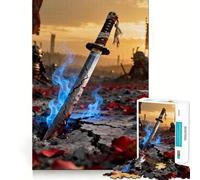 Rompecabezas de 1000 Piezas Katana Rota en un Campo de Batalla con Llamas Azules Juego Divertido para desarrollar la Habilidad Mental Juego Casual Decoración navideña (38x26cm)
