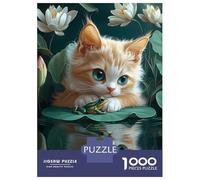Rompecabezas De 1000 Piezas Kitten and Frog on Lily Pad Cornish Rex Cat Rompecabezas Juguetes Antiestrés Decoración De Pared Cumpleaños Y Navidad 38x26cm/1000pcs