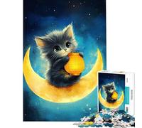 Rompecabezas de 1000 Piezas Lindo Gatito en la Luna con Linterna Difícil y desafiante Mejora la Memoria Juguetes de decoración para el hogar para Mayores de 14 años 38x52cm