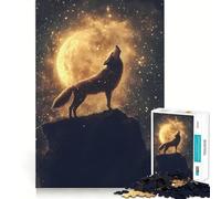 Rompecabezas de 1000 Piezas Lobo Aullando a la Luna Dorada Brillante Juego cognitivo Divertido Componentes Resistentes y de Corte Limpio Momento de Tranquilidad y Ejercicio Mental en casa (50x75cm)