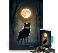 Rompecabezas de 1000 Piezas Lobo bajo la Luna Llena para Adultos Juego de concentración Mental, Corte láser Actividad Nocturna Divertida para Toda la Familia (50x75cm)