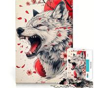 Rompecabezas de 1000 Piezas Lobo con Flores de Cerezo y Luna roja Diversión para ejercitar la Mente Piezas sin Rebabas y de Corte Limpio Actividad Absorbente para Noches tranquilas (38x52cm)