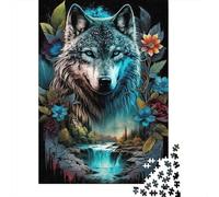 Rompecabezas de 1000 Piezas Lobo Floral Río y Marco Floral Papel Reciclado Regalo Hombre Mujer Extremo Difícil Desafiante 38x26cm/1000pcs