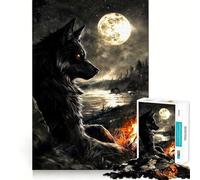 Rompecabezas de 1000 Piezas Lobo Negro bajo la Luna Llena Arte de Corte preciso Actividad de Juego Inteligente Momento de Juego Tranquilo Regalo de decoración de cumpleaños 38x52cm