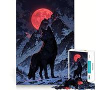 Rompecabezas de 1000 Piezas Lobo Negro bajo la Luna roja,Bordes Finos,Ideal para Manualidades,Actividades Creativas,Entretenimiento y como Regalo de cumpleaños 38x52cm