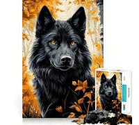 Rompecabezas de 1000 Piezas Lobo Negro en Bosque otoñal Arte de Ajuste, Actividad de Juego Inteligente,Juego Divertido para el Tiempo Libre,Regalo de cumpleaños 38x52cm