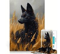 Rompecabezas de 1000 Piezas Lobo Negro en Campo de Trigo Dorado,Borde sin Costuras,Juego de ingenio,Entretenimiento para el Tiempo Libre,Regalo artístico de Navidad 38x26cm
