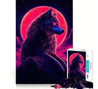 Rompecabezas de 1000 Piezas Lobo Neón con Luna Roja para Adultos Juguete para ejercitar la Mente Diversión Garantizada Corte Perfecto Regalo Ideal para Las Fiestas (50x75cm)