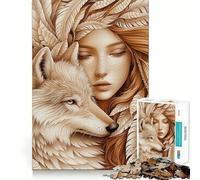 Rompecabezas de 1000 Piezas Lobo y Mujer con Plumas para Adultos Diversión y Entrenamiento Mental, Corte láser Actividad Relajante para Grupos en Interiores (50x75cm)