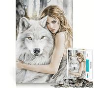Rompecabezas de 1000 Piezas Lobo y Mujer en el Bosque Juego de ingenio Mental Diseño de Ajuste Huecos Regalo Ideal para reuniones Familiares (38x26cm)