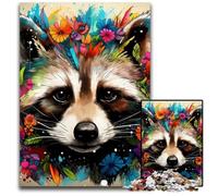 Rompecabezas de 1000 Piezas: Mapache con Flores. Divertida Actividad Familiar, desafío Mental, Adolescentes. 26x38cm/10,23x14,96 Pulgadas.