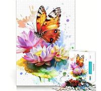 Rompecabezas de 1000 Piezas Mariposa sobre Flores de Loto Pintura Acuarela Borde Fino Manualidad Desarrollo Mental Juego Relajante Regalo de Arte navideño (38x52cm)