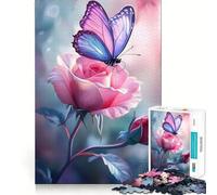 Rompecabezas de 1000 Piezas Mariposa sobre una Rosa Rosa Corte preciso Divertido desafío Mental Juguete Juego para el Tiempo de Descanso Cumpleaños Arte Juego (38x26cm)