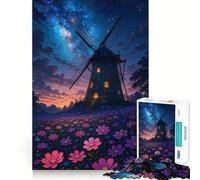 Rompecabezas de 1000 Piezas Molino de Viento y Flores bajo un Cielo Estrellado Juego para estimular la concentración Tecnología Avanzada de Corte láser para Llevar de Viaje Juego Mental como Regalo
