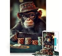 Rompecabezas de 1000 Piezas Mono Chef Jugando al póker,Corte Premium,Juego Creativo para ejercitar la Mente,Paz,diversión,decoración navideña para la Pared (38x26cm)