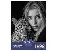 Rompecabezas De 1000 Piezas Monochrome Portrait Woman and Leopard Rompecabezas para Adultos Juego De Ingenio Carrera De Velocidad De Manos Cumpleaños Y Navidad 38x26cm/1000pcs