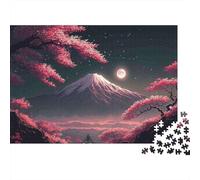 Rompecabezas de 1000 Piezas Montaña y Luna de Cerezos en Flor - Monte Fuji con Flores de Cerezo - Juego Educativo para Adultos - Hermosa Decoración - Difícil - Reto - Cumpleaños - 52x38cm