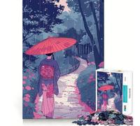 Rompecabezas de 1000 Piezas Mujer en Kimono Caminando bajo la Lluvia Juego cognitivo Divertido con Estructura de Encaje preciso Actividad para Fortalecer los Lazos Familiares (38x26cm)