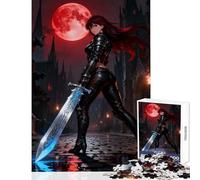 Rompecabezas de 1000 piezas mujer guerrera con espada bajo la luna roja juguetes de decoración para el hogar regalo para cumpleaños juego práctico adecuado para decoración de escritorio tamaño 38x52cm