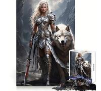 Rompecabezas de 1000 Piezas Mujer Guerrera y Lobo para Adolescentes Entrenamiento de Memoria, Escape Tranquilo, Corte Impecable, Regalo de Invierno (38x26cm)