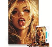 Rompecabezas de 1000 Piezas Mujer Rubia con la Lengua Fuera Articulaciones precisas Diversión,Juego para ejercitar la Mente,Juego para Momentos de Paz,decoración navideña 50x75cm
