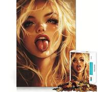 Rompecabezas de 1000 Piezas Mujer Rubia con la Lengua Fuera Diseño de Corte preciso Divertido desafío Inteligente Ideal para el Ocio 38x52cm