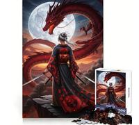 Rompecabezas de 1000 Piezas Mujer samurái Frente a un dragón Rojo para Adultos Refuerza la Memoria, entretiene y se Divierte Regalo Elegante (50x75cm)