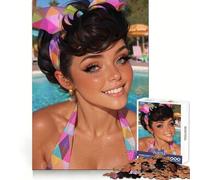 Rompecabezas de 1000 Piezas Mujer Sonriente Junto a la Piscina para Adolescentes Juguete para ejercitar la Mente Diseño Relajante Regalo Ideal para armar (50x75cm)