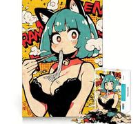 Rompecabezas de 1000 Piezas Niña Gata Comiendo Fideos Ramen Diseño de Corte preciso Juego de ingenio Regalo Ideal para Relajarse y Disfrutar en cumpleaños (38x26cm)