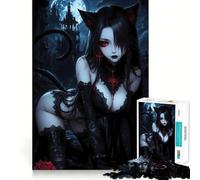 Rompecabezas de 1000 Piezas Niña Gata Negra en Ambiente gótico,Bordes Finos,artesanía,Desarrollo Mental,Juego Relajante, (38x26cm)