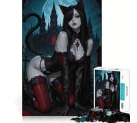 Rompecabezas de 1000 Piezas Niña Gata Negra en un Entorno gótico Decoración de Corte preciso Juego Mental Regalo Ideal para Relajarse y Disfrutar en cumpleaños (38x26cm)