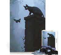 Rompecabezas de 1000 Piezas Observador de lo Desconocido Gato Negro y Mariposa para Adultos Juguete para ejercitar la Mente Juego de Interior Pieza de Arte de Corte preciso (50x75cm)